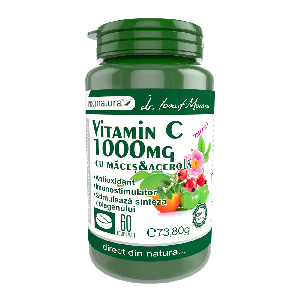 Vitamina C 1000mg cu macese si acerola cu zmeura, 60 comprimate, Pro Natura