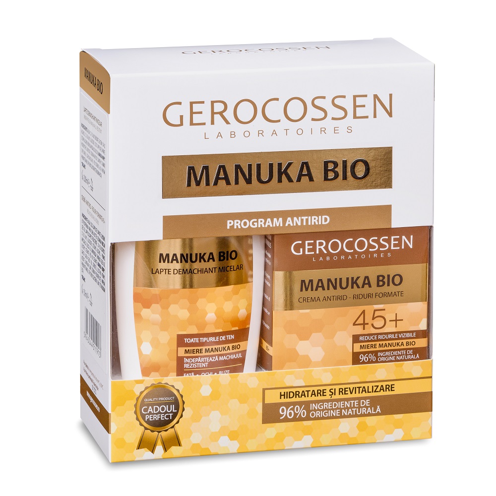 Pachet Crema cu miere Manuka Bio 45+, 50 ml + Apa micelara 3 in 1 cu miere Manuka Bio, 300 ml - Gerocossen