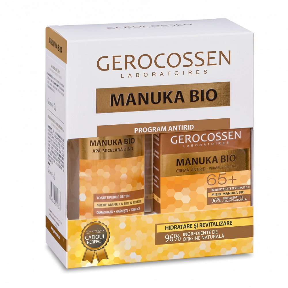 Pachet Crema cu miere Manuka Bio 65+, 50 ml + Apa micelara 3 in 1 cu miere Manuka Bio, 300 ml, Gerocossen