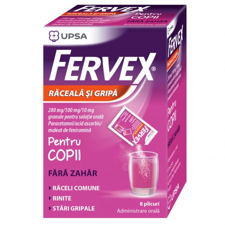 Fervex pentru copii fara zahar, 280mg/100 mg/10 mg, 8 plicuri, Upsa