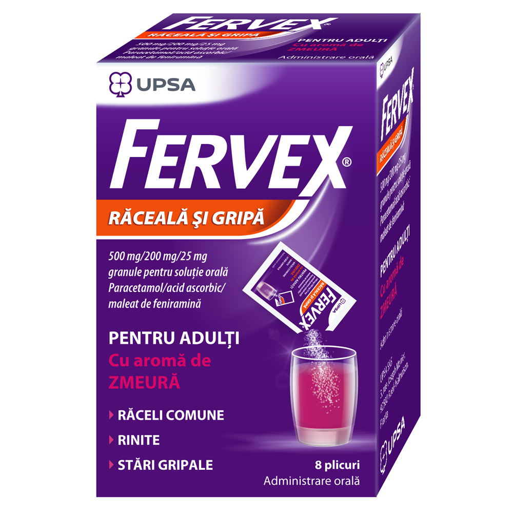 Fervex Raceala si Gripa cu aroma de zmeura, 500mg/200mg/25mg, 8 plicuri, Upsa