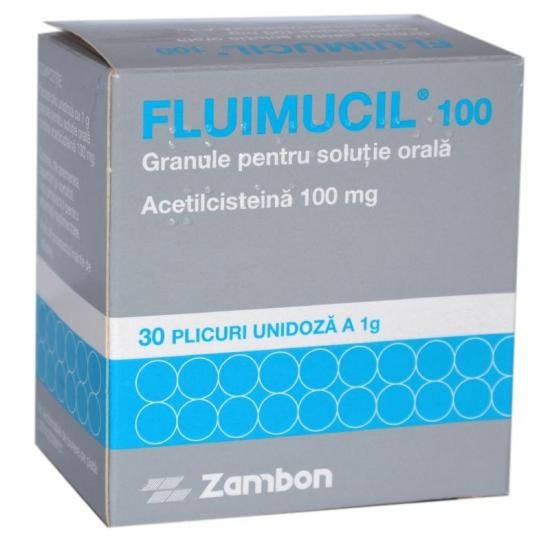 Fluimucil 100  granule pentru soluÅ£ie oralÄƒ, 100 mg, 30 plicuri, Zambon