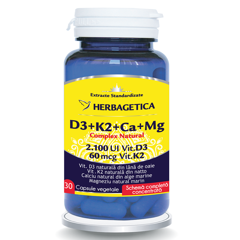 Complex natural D3+K2+Ca+Mg, 30 capsule vegetale, Herbagetica