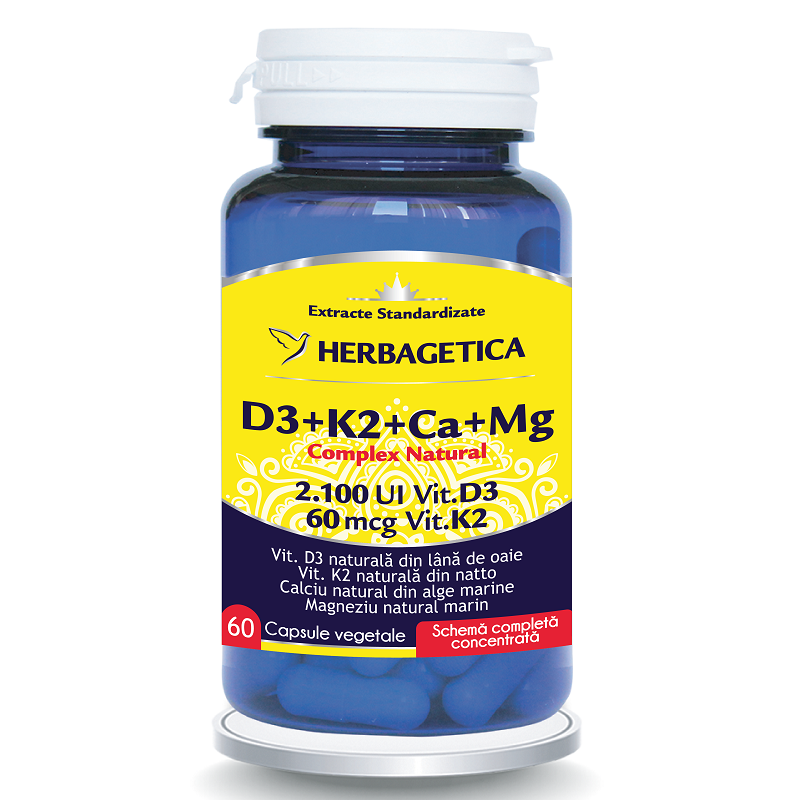 Complex natural D3+K2+Ca+Mg, 60 capsule vegetale, Herbagetica
