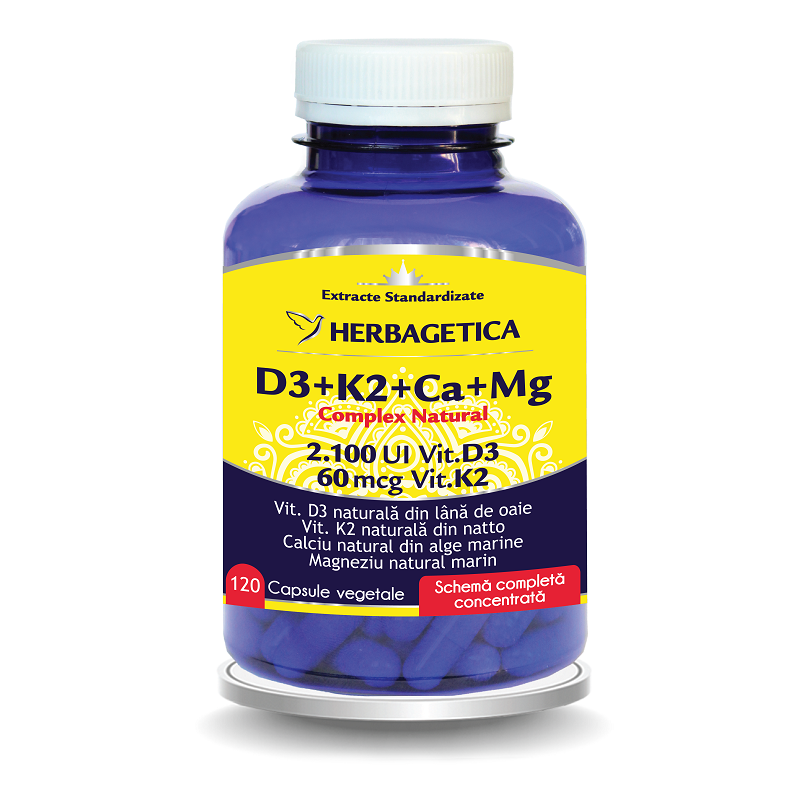 Complex natural D3+K2+Ca+Mg, 120 capsule vegetale, Herbagetica
