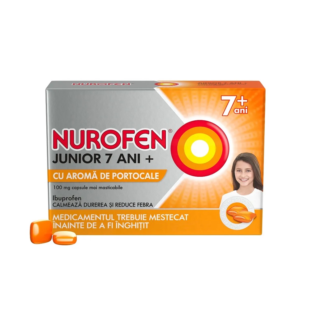 Nurofen Junior cu aroma de portocale 7+ ani, 100 mg, 24 capsule moi masticabile, Reckitt Benckiser