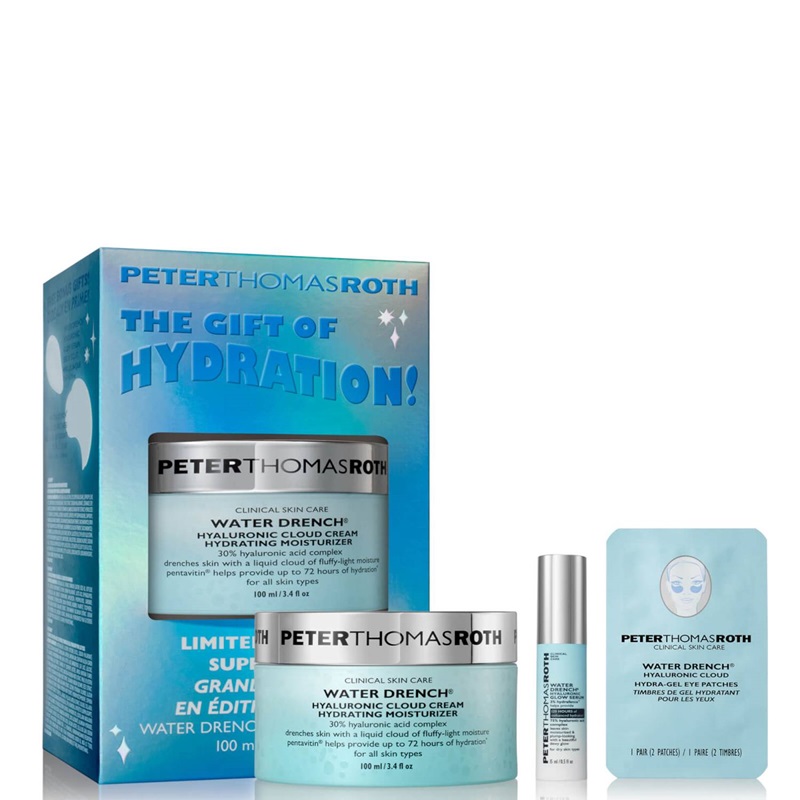 Set crema hidratanta pentru fata 100 ml + serum glow 15 ml + plasturi cu gel pentru conturul ochilor 2 bucati Water Drench Hyaluronic, Peter Thomas Roth