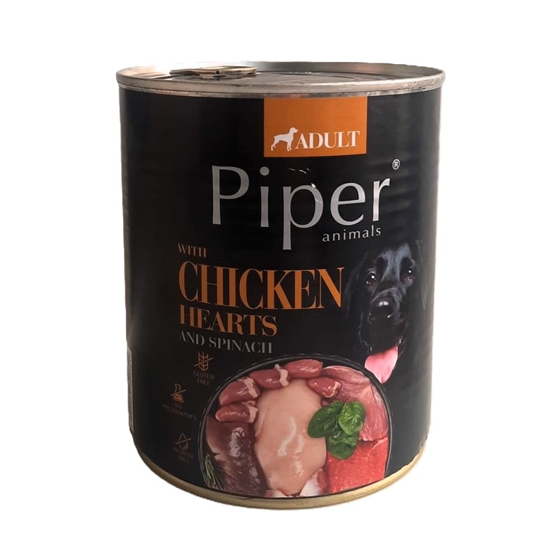 Hrana umeda cu inimi de pui si spanac pentru caini, 800 g, Piper