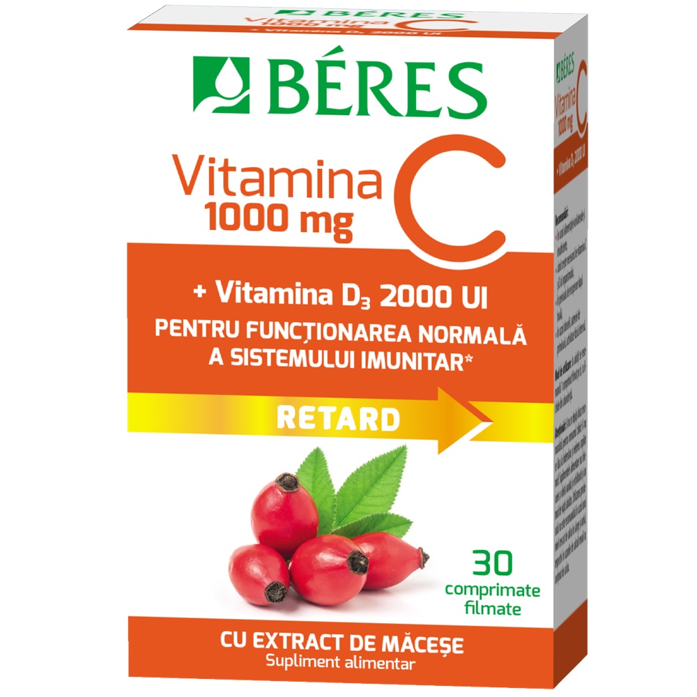 Vitamina C 1000 mg + Vitamina D3 2000 UI Retard, 30 comprimate, Beres