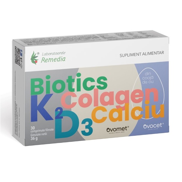 Biotics + K2 + D3 + colagen +calciu, 30 comprimate, Laboratoarele Remedia