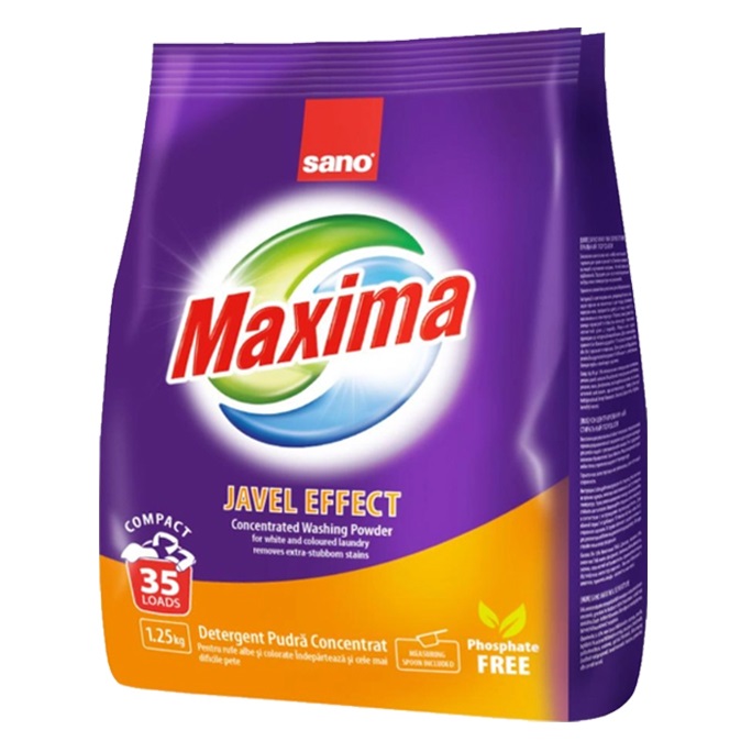 Detergent pudra concentrat pentru rufe Javel Effect Maxima, 1.25 kg, Sano