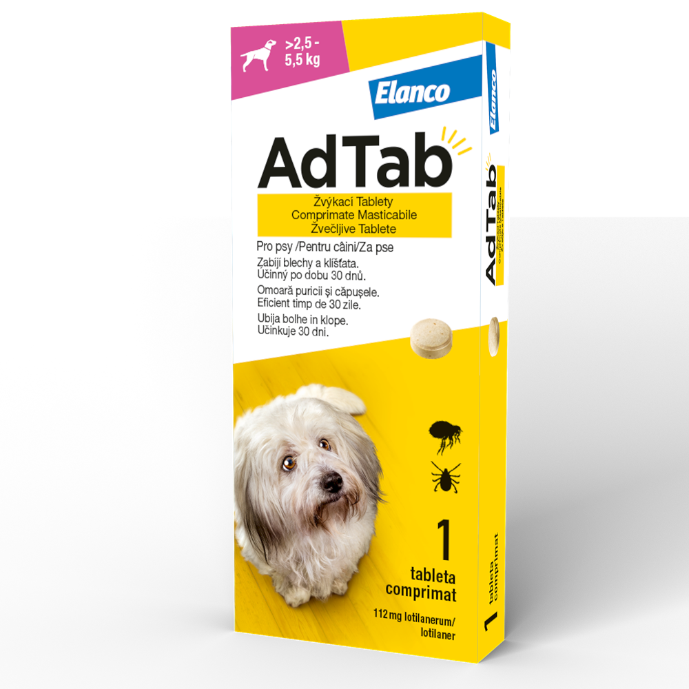 Antiparazitar oral pentru caini 2.5-5.5 kg AdTab Dog 112.5 mg, 1 tableta, Elanco