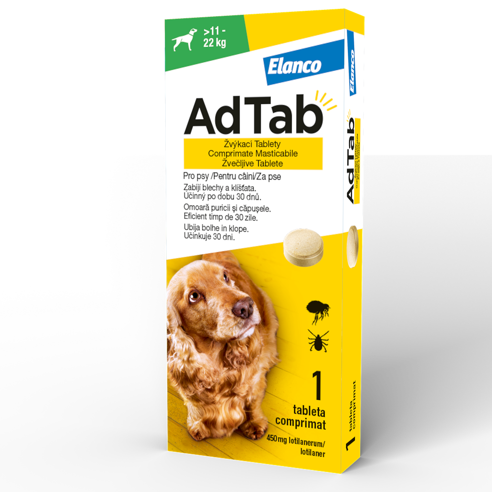 Antiparazitar oral pentru caini 11-22 kg AdTab Dog 450 mg, 1 tableta, Elanco