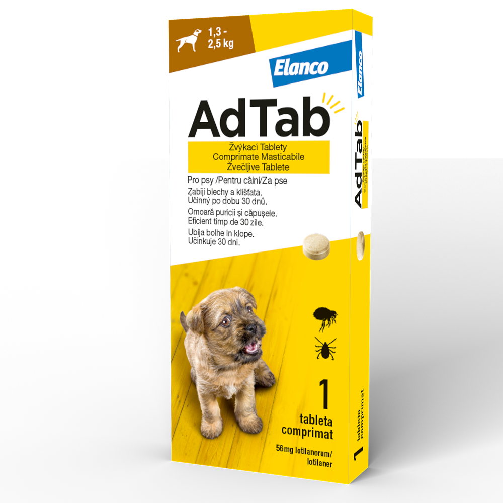 Antiparazitar oral pentru caini 1.3-2.5 kg AdTab Dog 56.25 mg, 1 tableta, Elanco