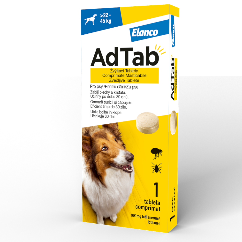 Antiparazitar oral pentru caini 22-45 kg AdTab Dog 900 mg, 1 tableta, Elanco
