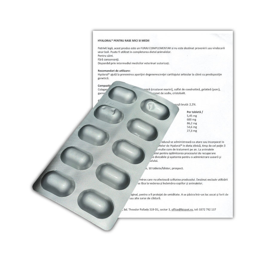 Supliment pentru caini de talie mica si medie Hyaloral, 10 tablete, Pharmadiet