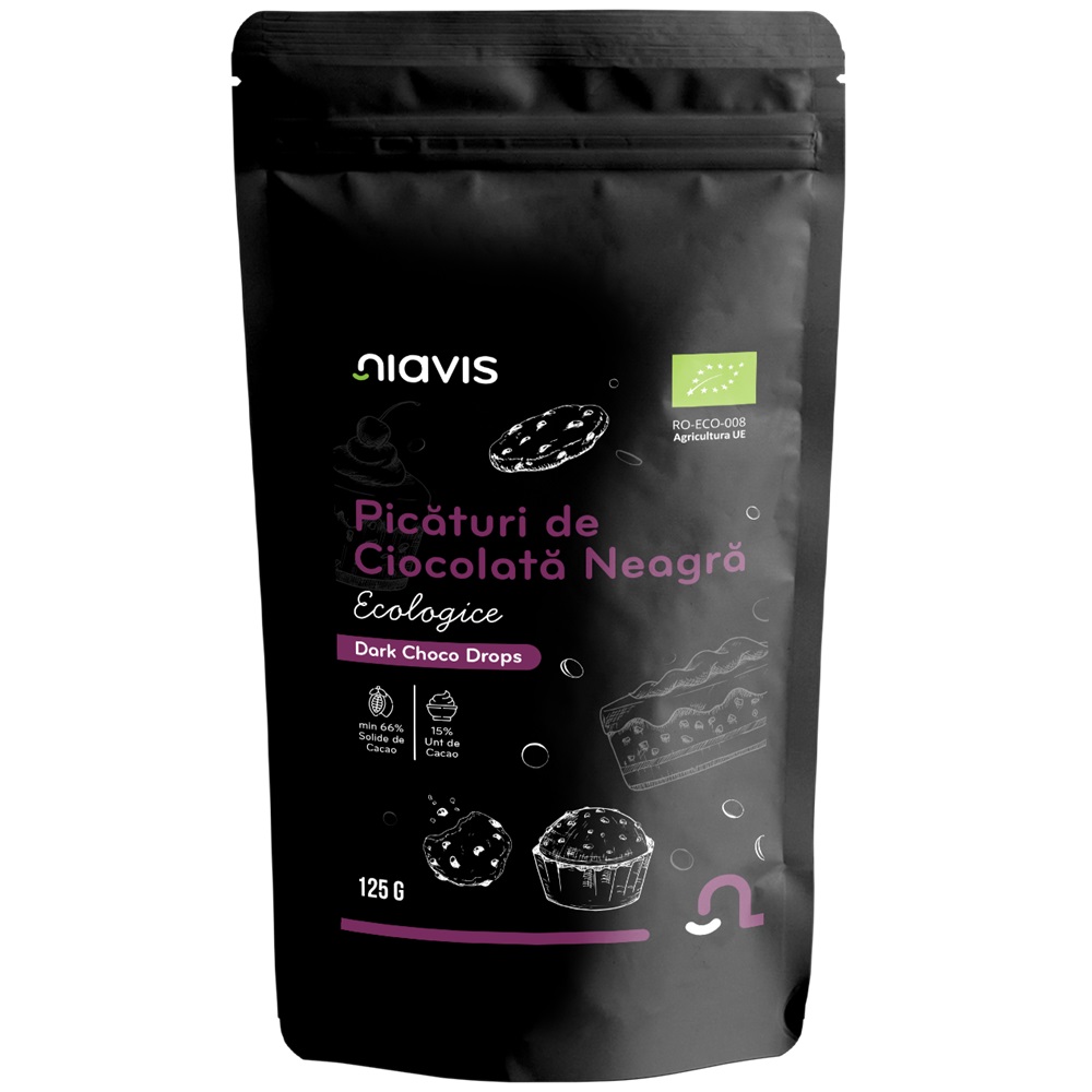 Picaturi de ciocolata neagra Bio, 125 g, Niavis