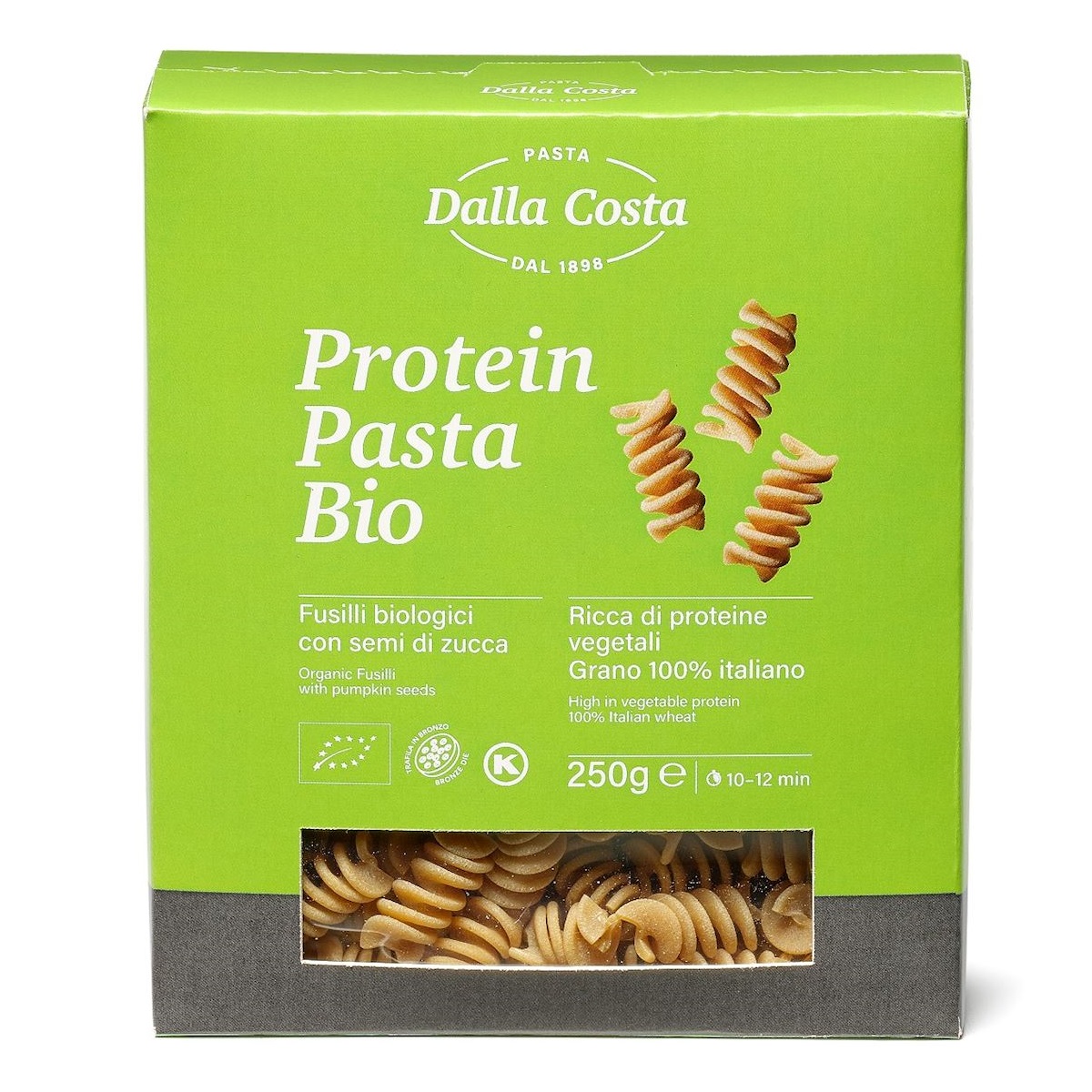 Paste proteice bio fusilli cu seminte de dovleac, 250 g, Dalla Costa