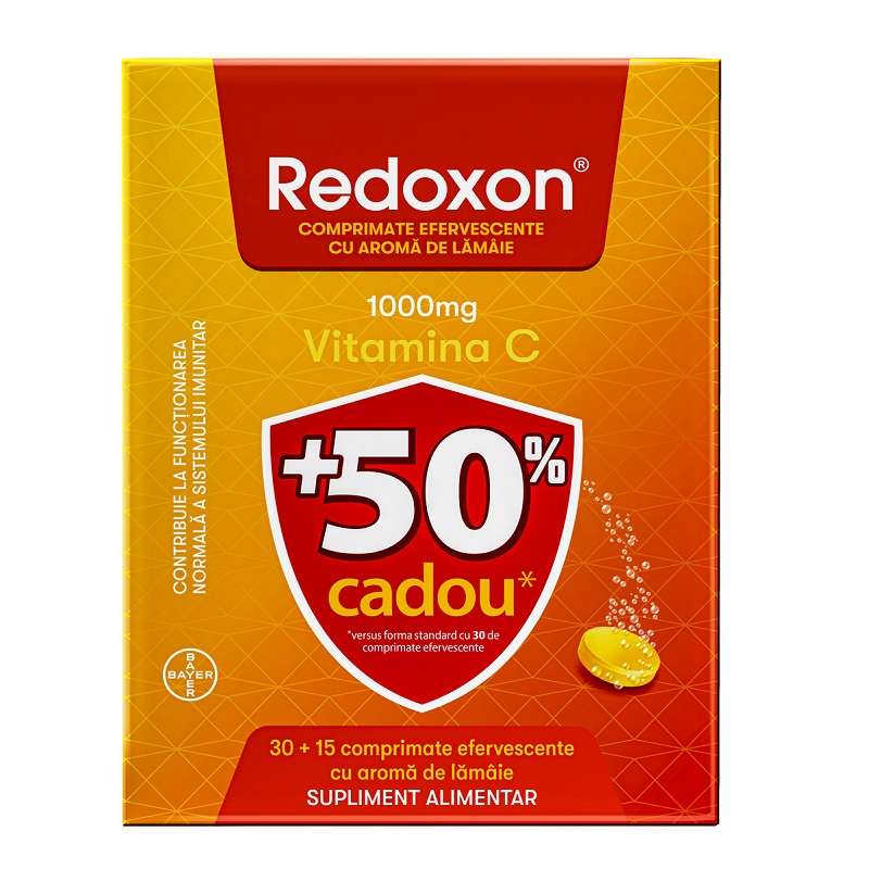 Redoxon cu aroma de lamaie, 30 + 15 comprimate efervescente, Bayer