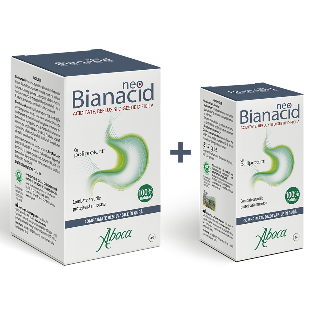 NeoBianacid cu poliprotect pentru aciditate si reflux, 45 comprimate + 14 comprimate, Aboca