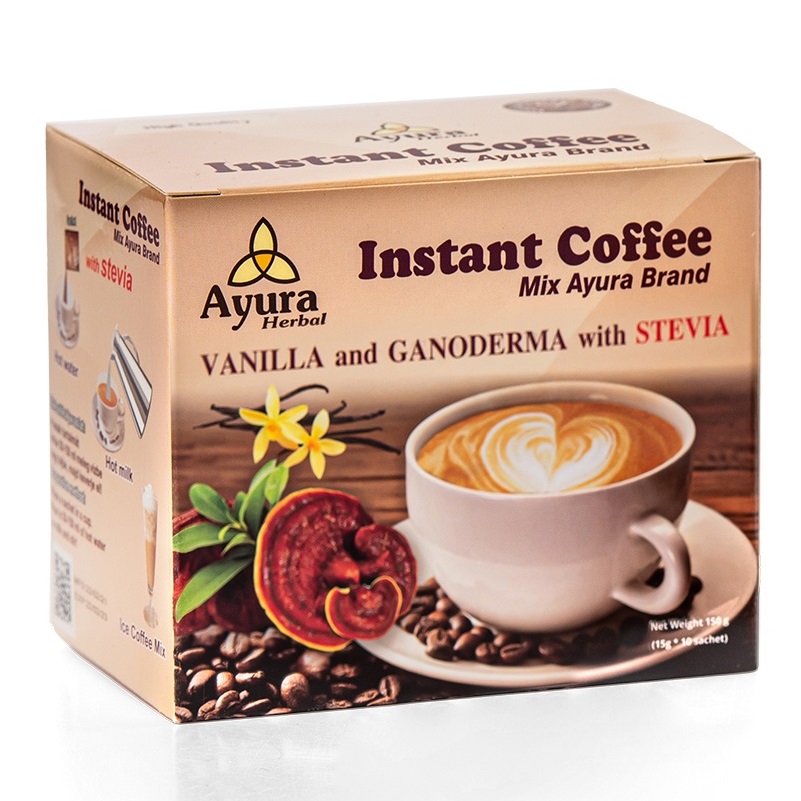 Cafea cu ganoderma, stevie si vanilie Instant Coffee Mix, 10 plicuri, Ayura Herbal