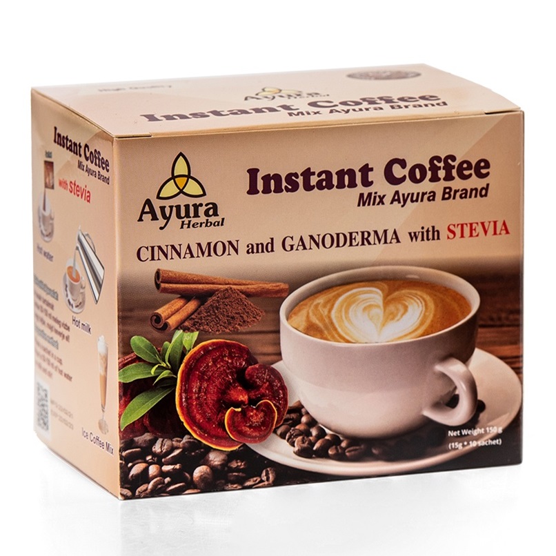Cafea cu ganoderma, stevie si scortisoara Instant Coffee Mix, 10 plicuri, Ayura Herbal
