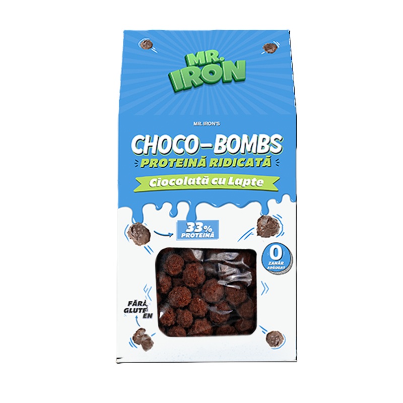 Praline proteice cu ciocolata cu lapte, fara zahar si fara gluten ChocoBombs, 100 g, Mister Iron