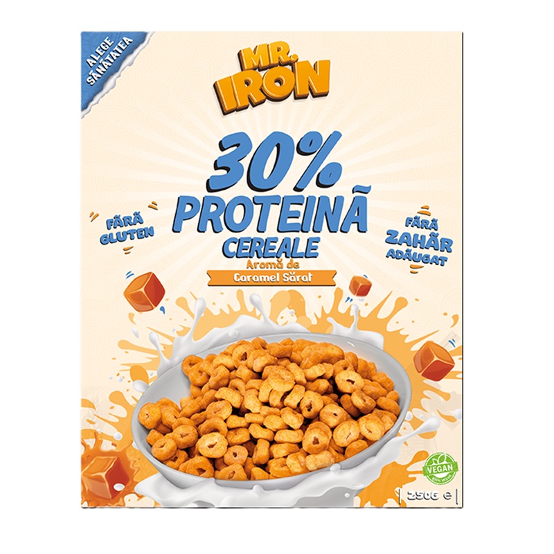 Cereale proteice cu caramel sarat, vegane, fara zahar si fara gluten, 250 g, Mister Iron