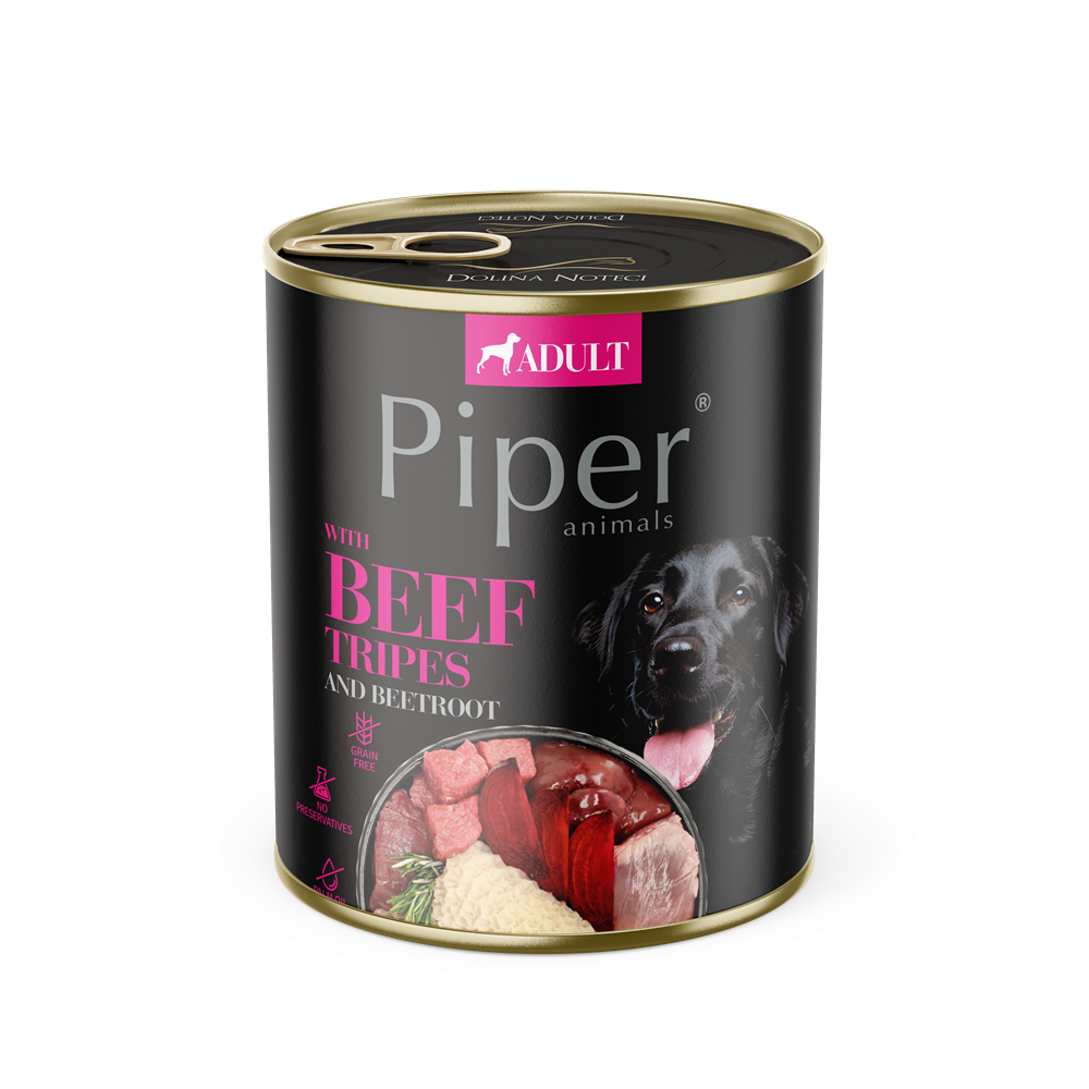 Hrana umeda pentru caini adulti cu burta de vita si sfecla rosie, 800 g, Piper