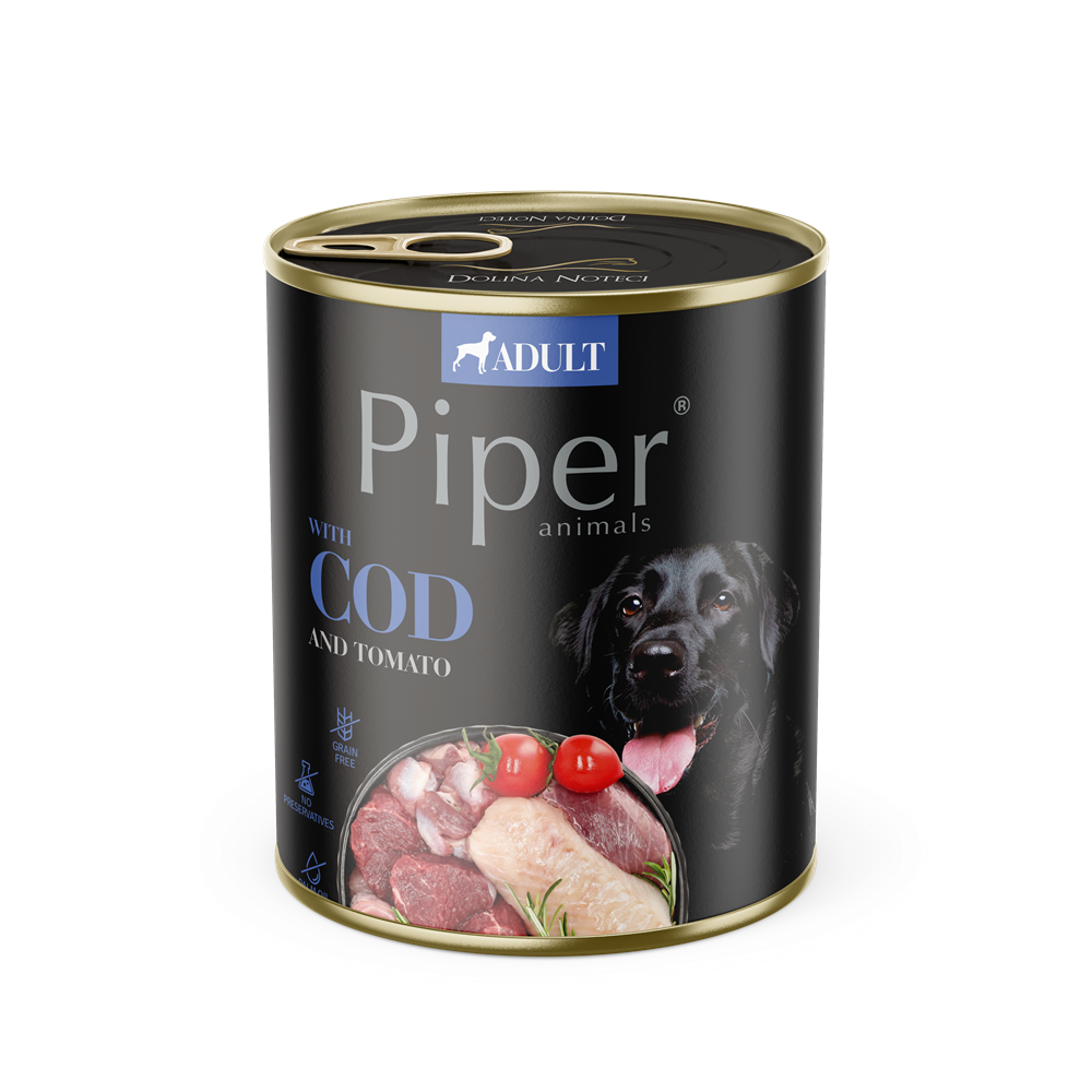 Hrana umeda pentru caini adulti cu carne de cod si tomate, 800 g, Piper