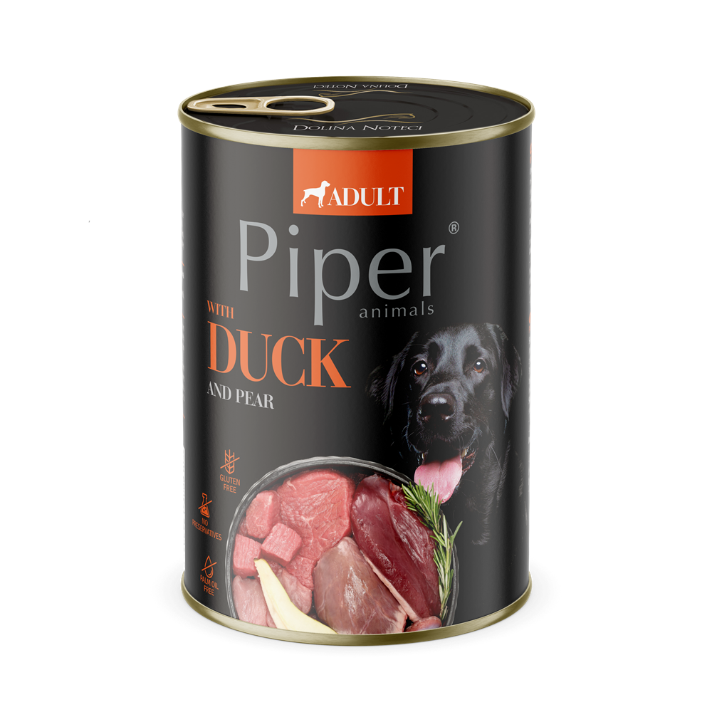 Hrana umeda pentru caini adulti cu carne de rata si pere, 400 g, Piper