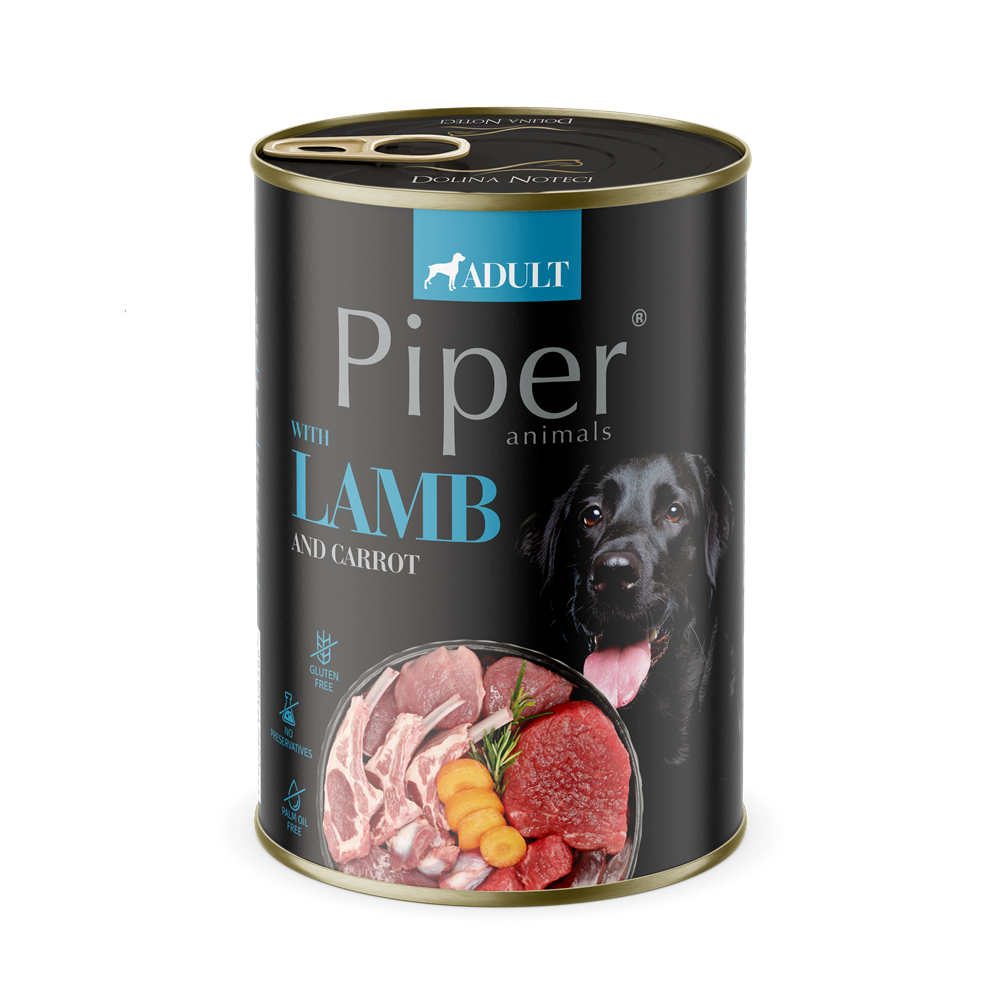 Hrana umeda pentru caini adulti cu carne de miel si morcov, 400 g, Piper