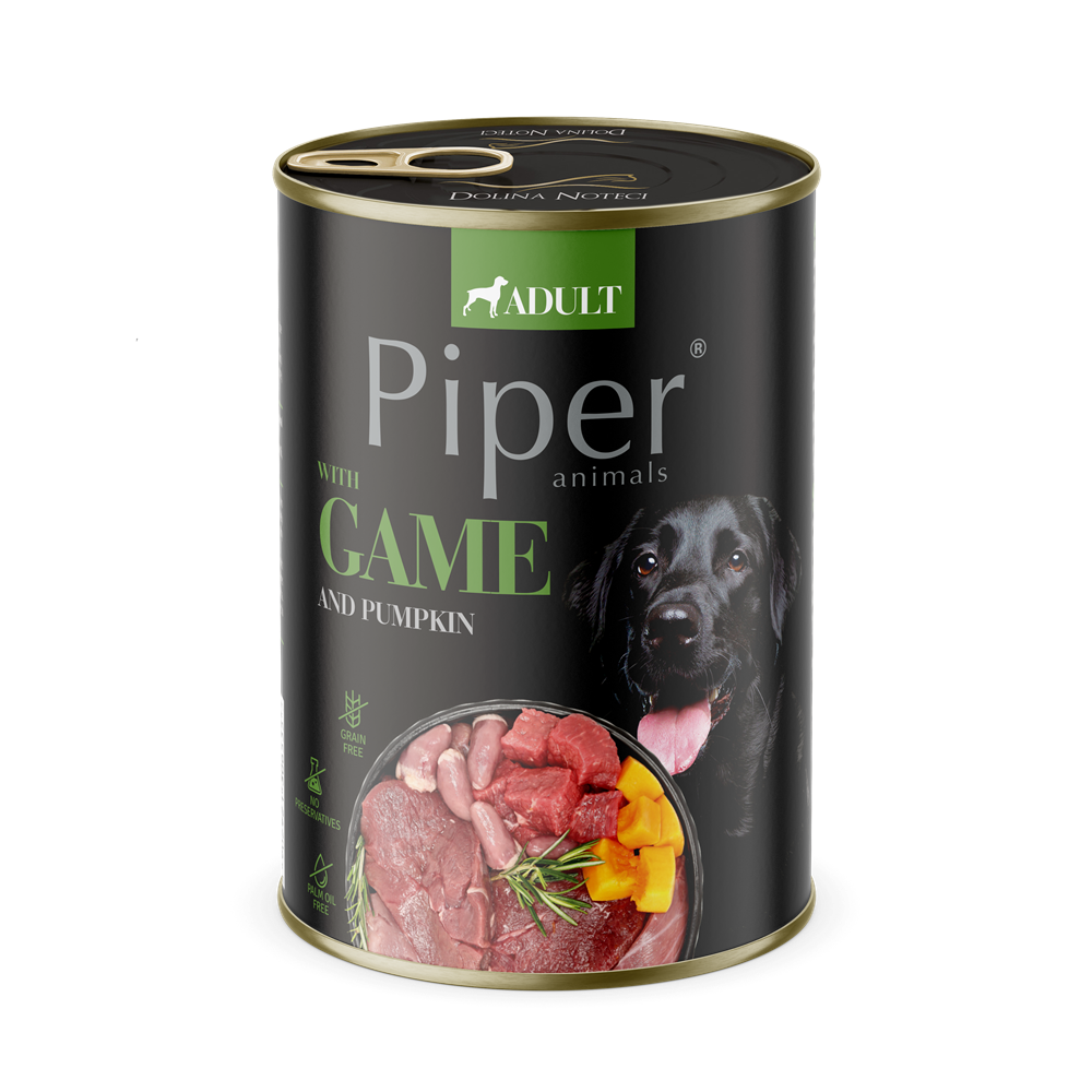 Hrana umeda pentru caini adulti cu carne de vanat si dovleac, 400 g, Piper