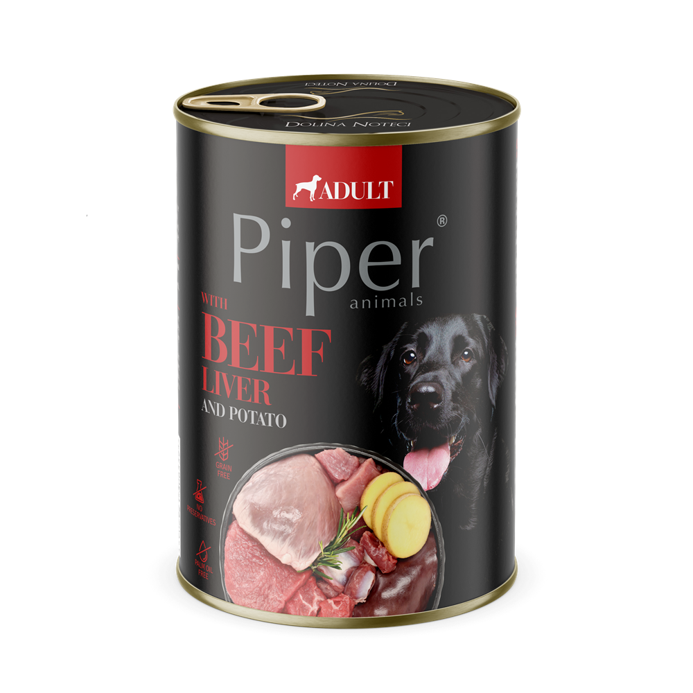 Hrana umeda pentru caini adulti cu ficat de vita si cartof, 400 g, Piper