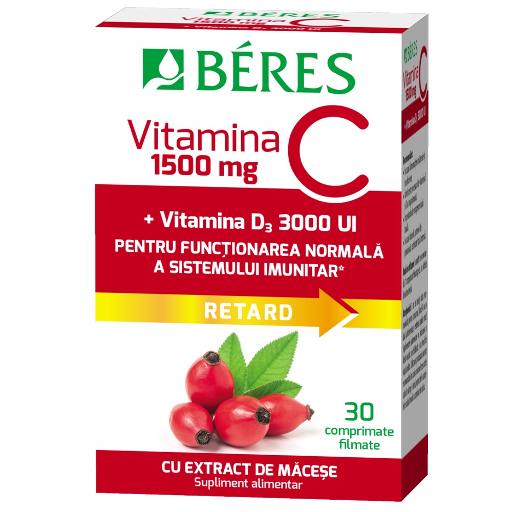 Vitamina C 1500 mg + Vitamina D3 3000 UI Retard, 30 comprimate filmate, Beres