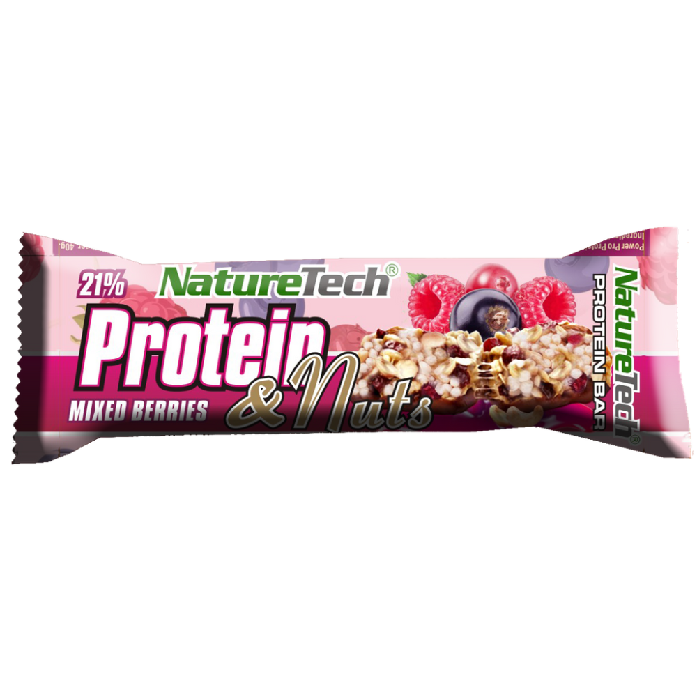 Baton energizant cu 21% proteina, fructe de padure si nuci Protein&nuts, 45 g, Nature Tech