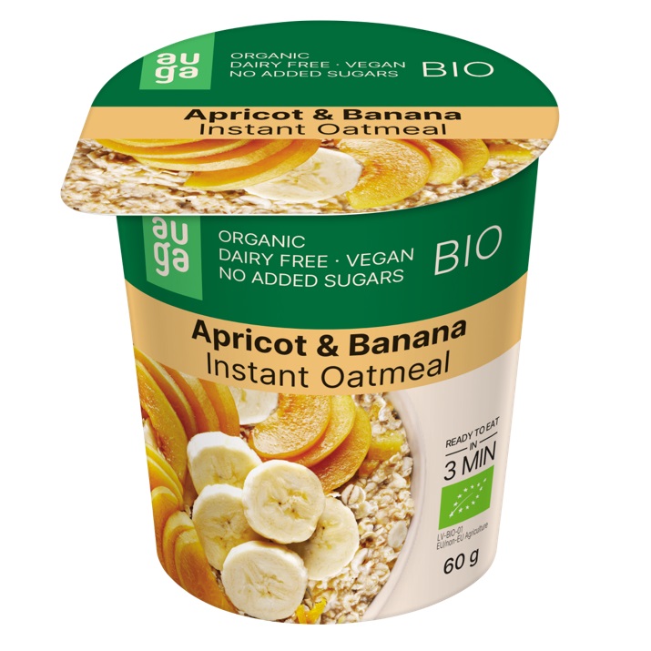 Porridge bio instant din ovaz integral cu banane si capsuni, 60 g, Auga