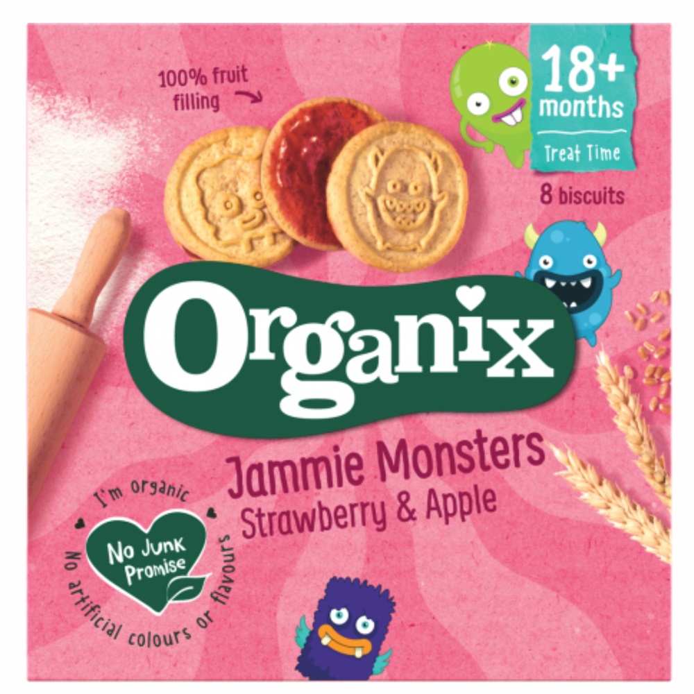 Biscuiti ecologici cu umplutura de capsuni si mere 18 luni+ Jammie Monsters, 64 g, Organix