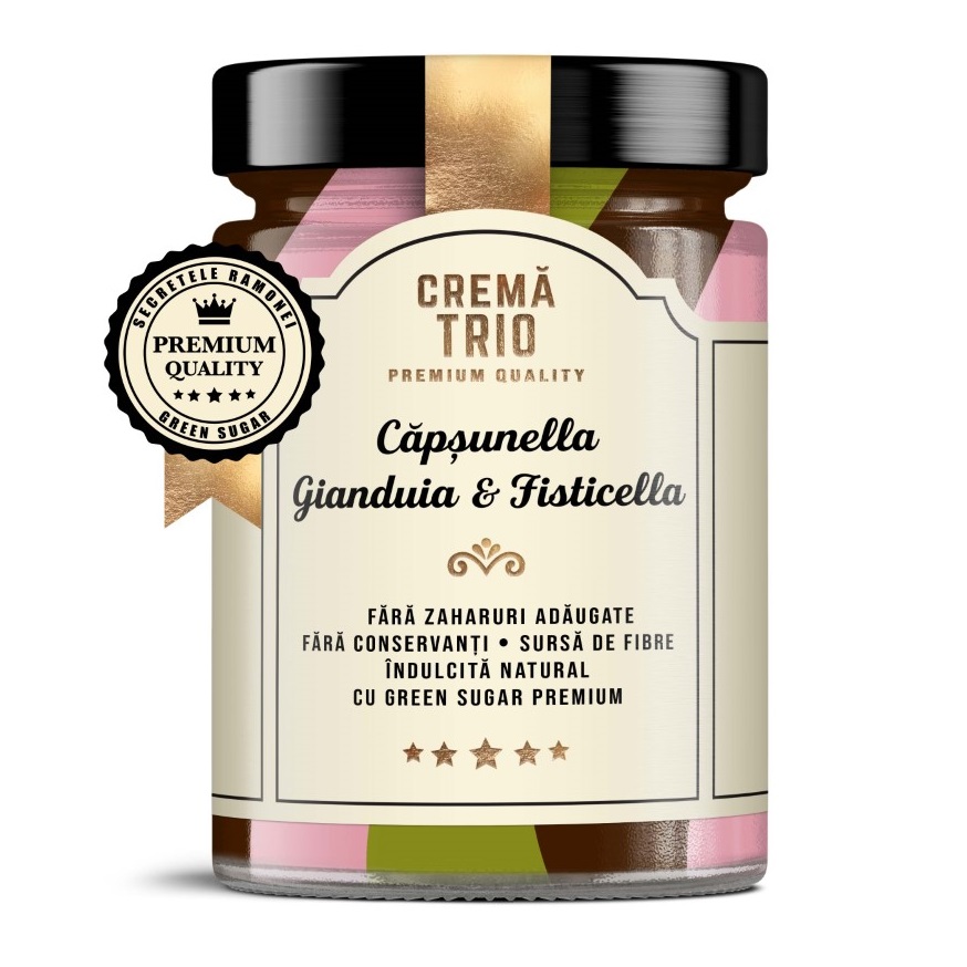 Crema tartinabila trio cu capsuni, ciocolata si fistic Trio Capsunella, 350 g, Remedia
