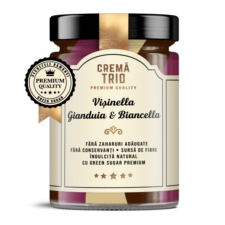 Crema tartinabila cu ciocolata, visine si ciocolata alba Trio Visinella, Gianduia & Biancella, 350 g, Remedia
