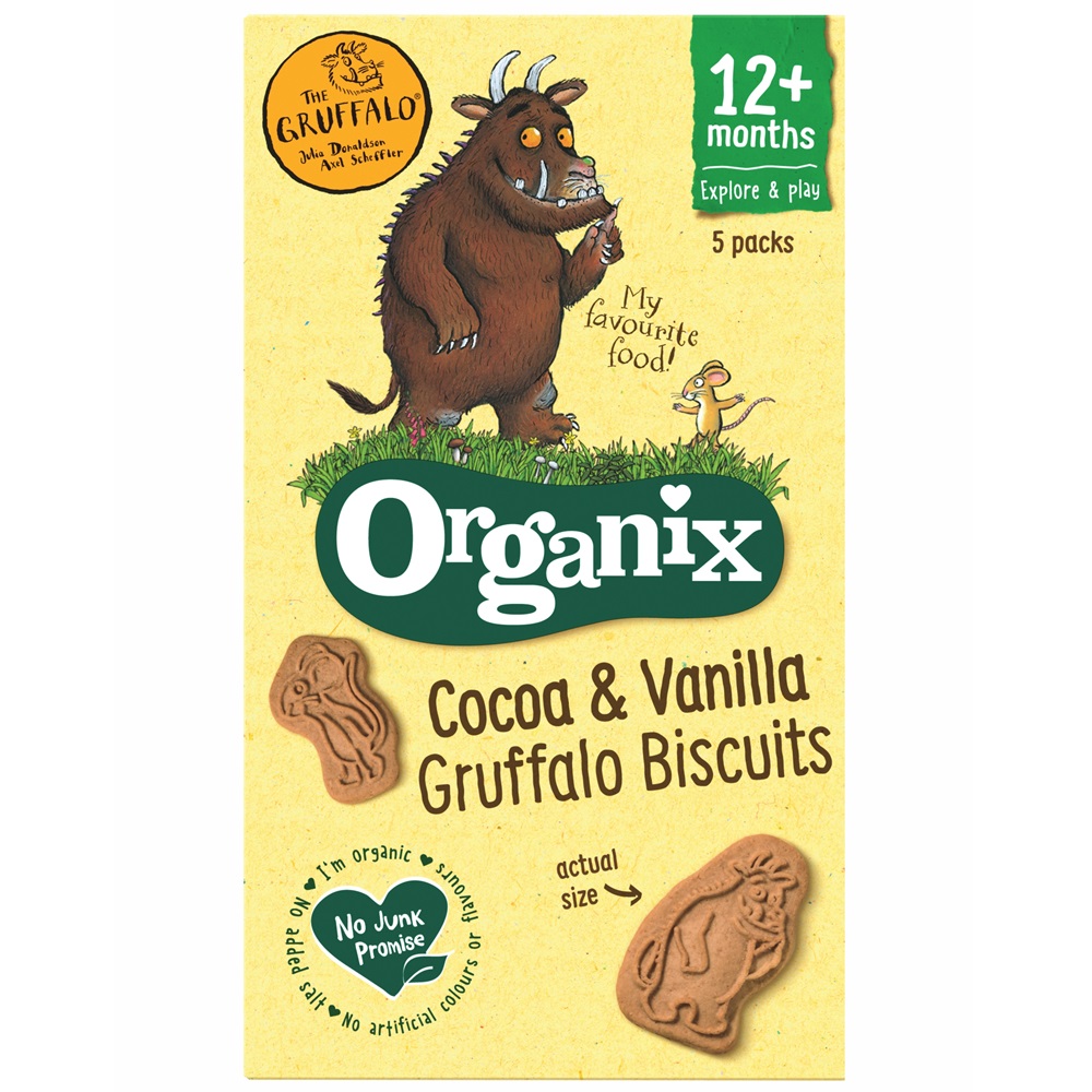 Biscuiti ecologici cu cacao si vanilie 12 luni+ Gruffalo, 5x20 g, Organix
