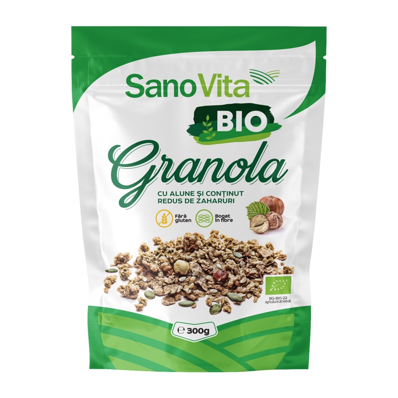 Granola BIO cu alune si continut redus de zaharuri, 300 g, Sanovita