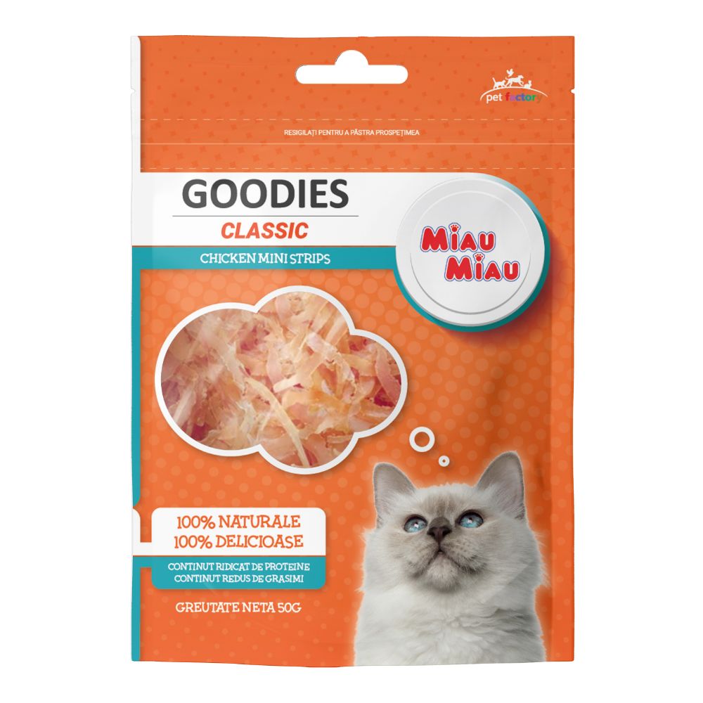 Recompense cu pui pentru pisici Miau Miau Classic Chicken Mini Strip, 50 g, Goodies