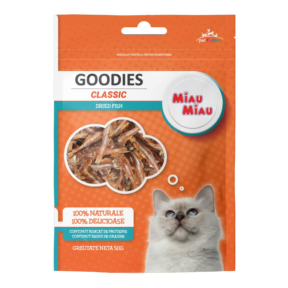 Recompense cu somon pentru pisici Miau Miau Classic Dried Fish, 50 g, Goodies