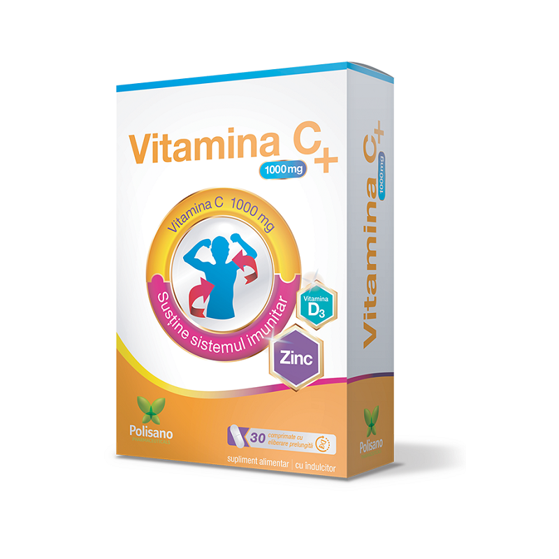 Vitamina C 1000 mg + vitamina D3 si zinc, 30 comprimate, Polisano