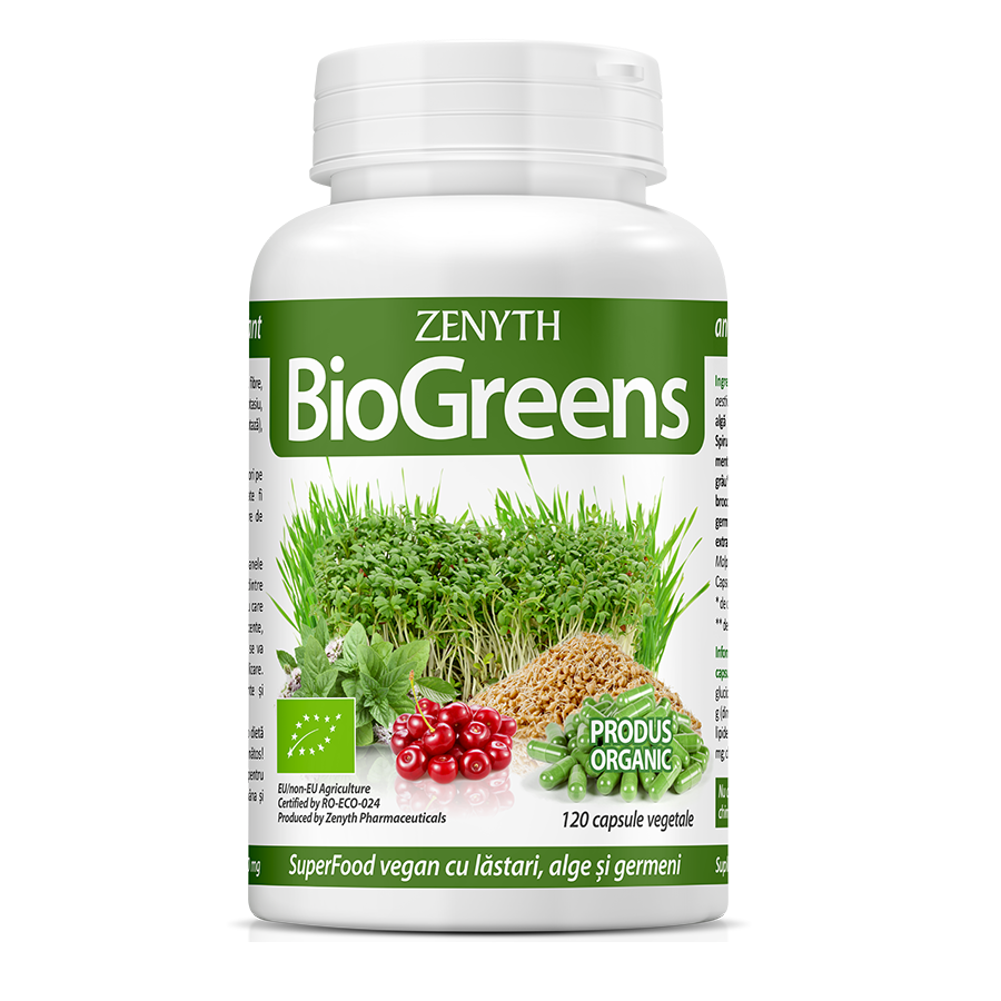 BioGreens SuperFood Organic cu germeni, alge si lastari, 120 capsule, Zenyth