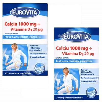 Calciu 1000mg + Vitamina D3 20ug, 30+30 comprimate, Eurovita