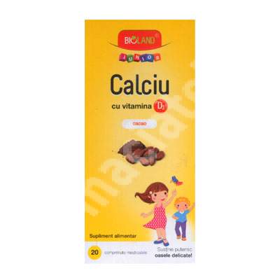 Calciu cu Vitamina D3 cacao Bioland Junior, 20 comprimate, Biofarm