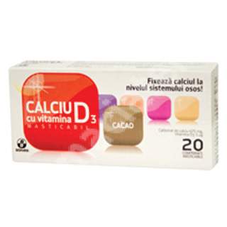 Calciu cu Vitamina D3 cu cacao, 20 comprimate, Biofarm