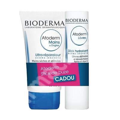 Crema de maini Atoderm, 50 ml + Stick buze Atoderm, 4 g, Bioderma